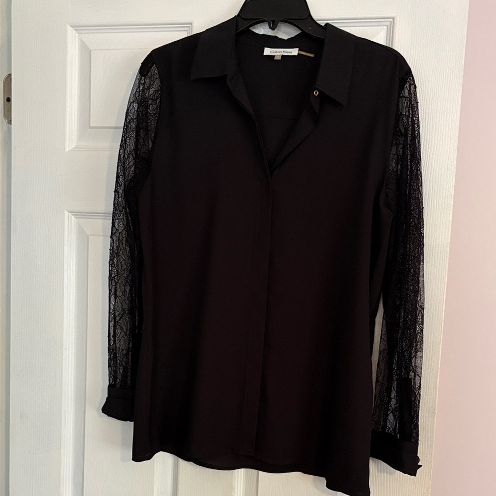 Calvin Klein Black Blouse with Lace Sleeves